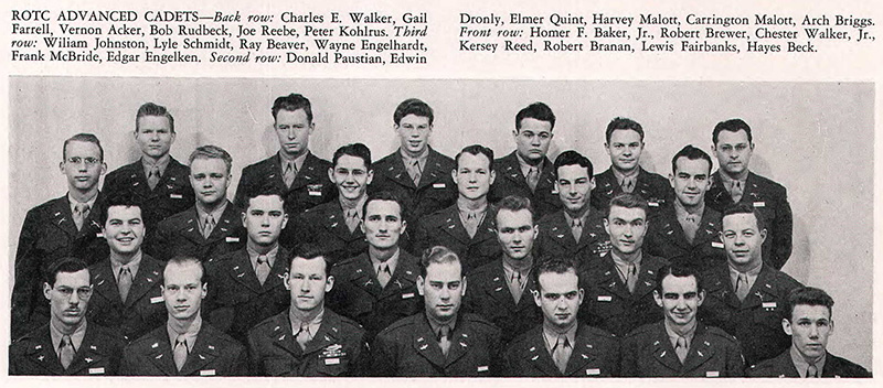 Class photo of ROTC cadets in 1949 featuring Gail Ferrell top left.